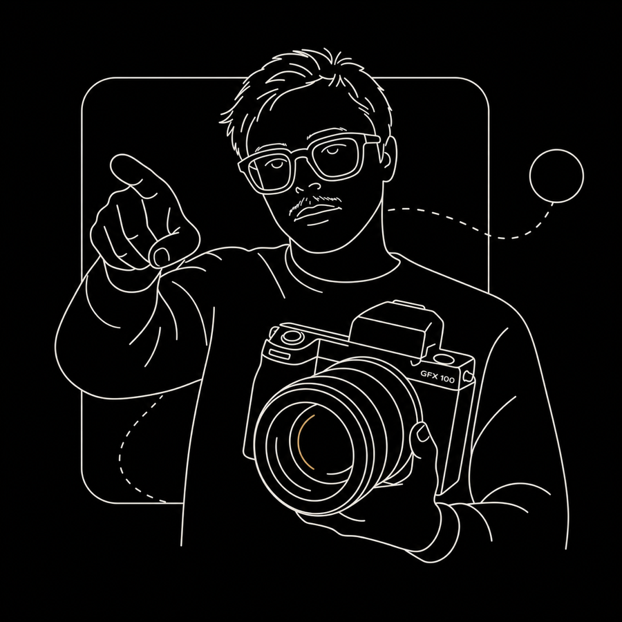 Line-art self-portrait of Gleb Kalinin holding a camera